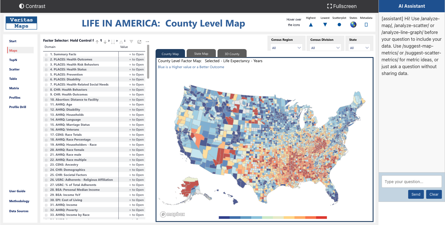 Veritas Maps county-level map of the United States, with a list of measures and an AI assistant panel