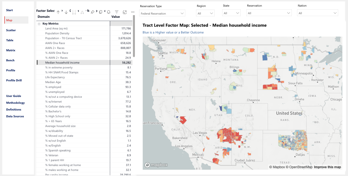 Map of tribal reservations across the western United States colored by median household income, beside a list of key measures for AIAN areas